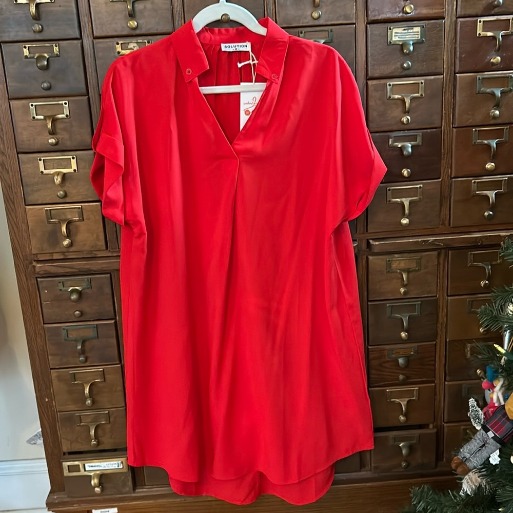 Tomato Red HiLo Silky Tab Sleeve Shirt Dress M